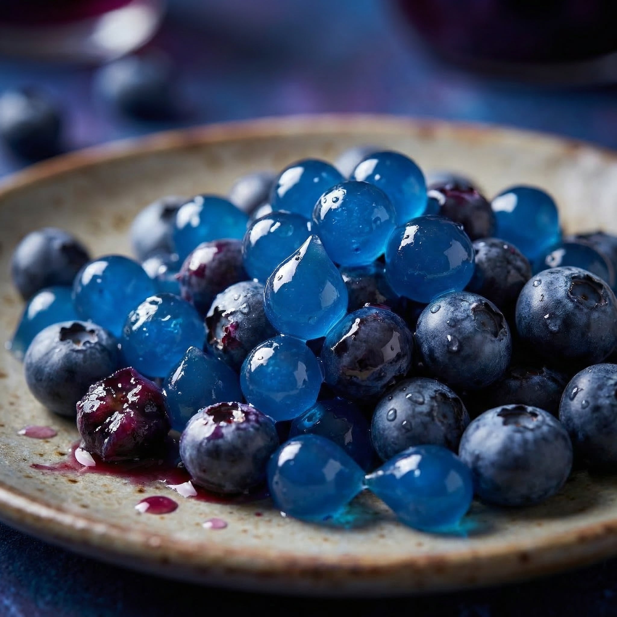 Blueberries with a glossy coating on a ceramic plate
