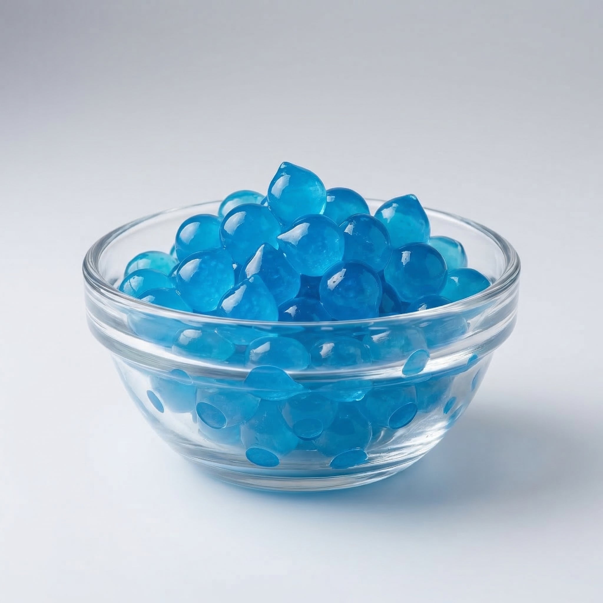 Clear glass bowl filled with blueberry boba on a light gray background