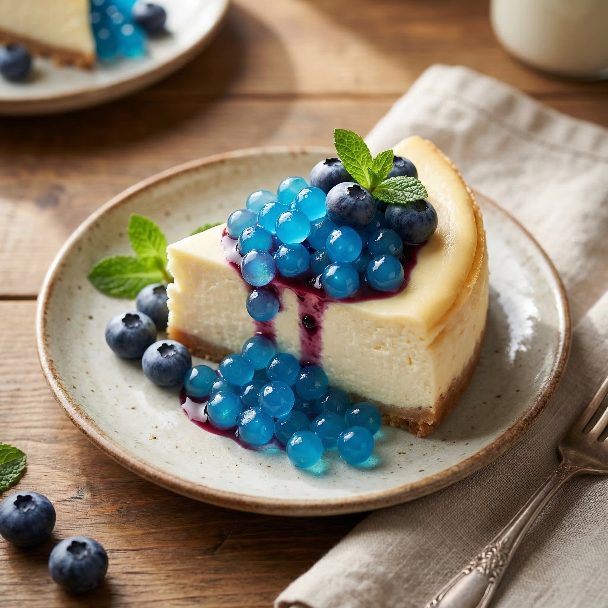 Slice of cheesecake with blueberry boba on a plate on a wooden table