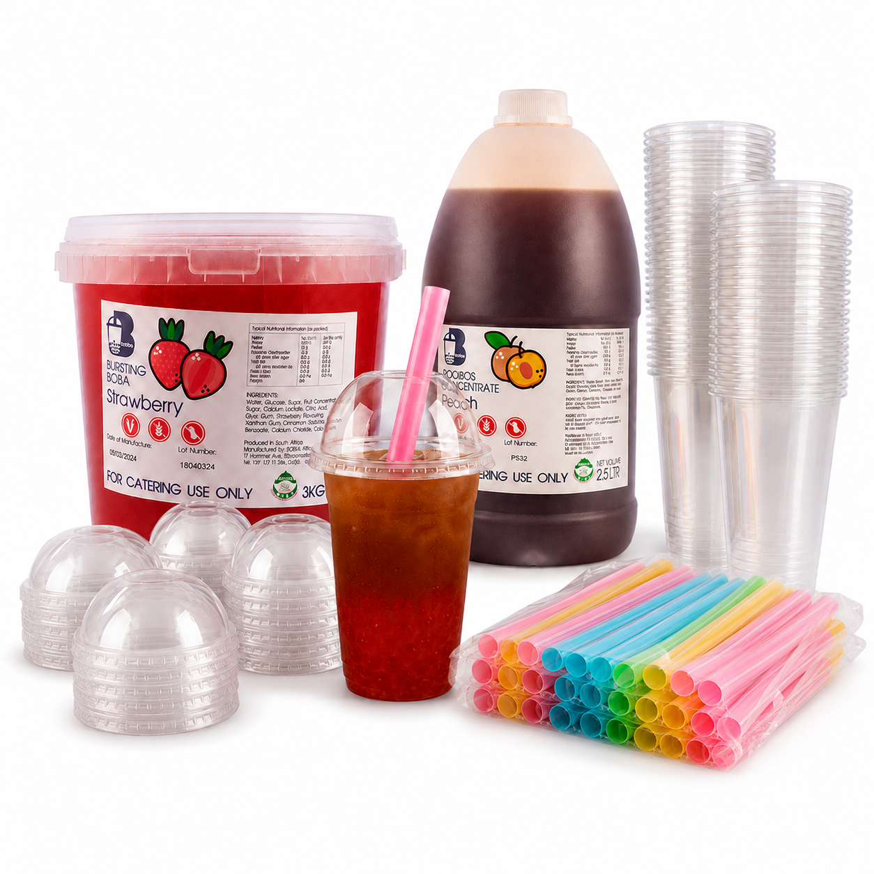A beverage setup kit on a white background, including a large bottle of strawberry juice, a smaller bottle of peach juice, stacks of clear plastic cups, dome-shaped clear lids, a clear plastic strainer bag, and a pack of colorful plastic straws.