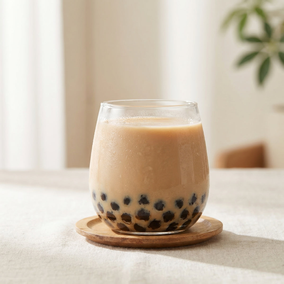 Glass of bubble tea on a wooden coaster with a blurred background