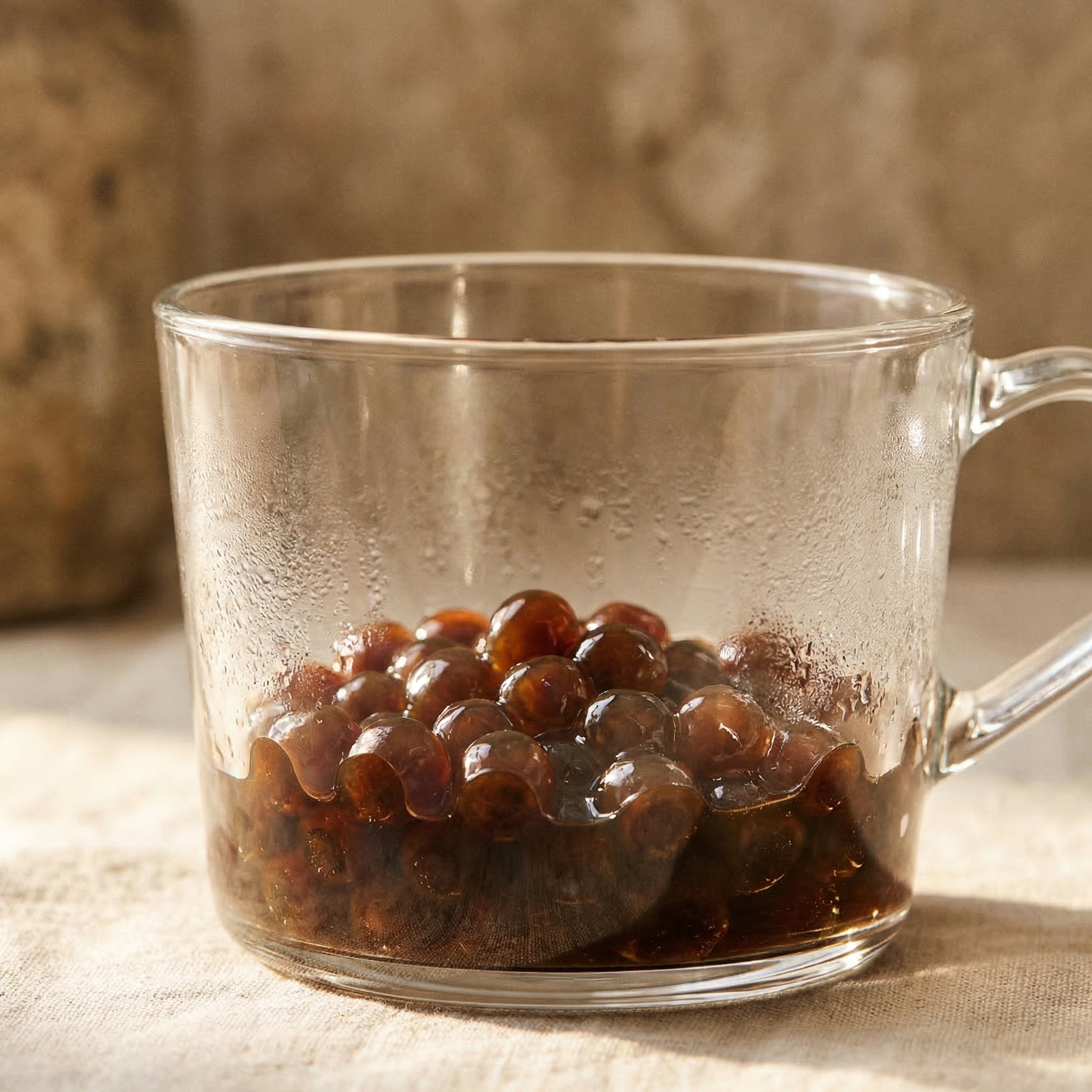 Clear glass mug with boba pearls on a textured surface