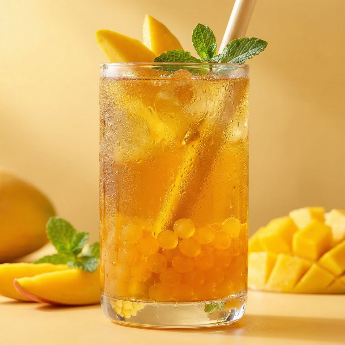 Mango-themed iced drink with ice cubes and a straw on a yellow background