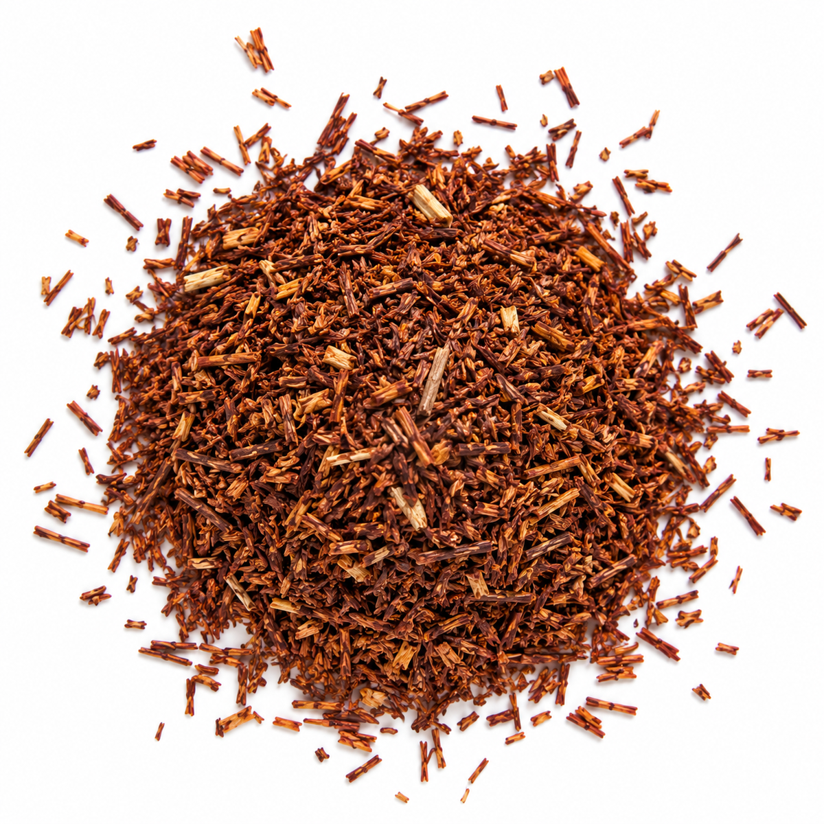 A pile of loose-leaf tea, rooibos herbal tea blend, scattered on a solid white background.