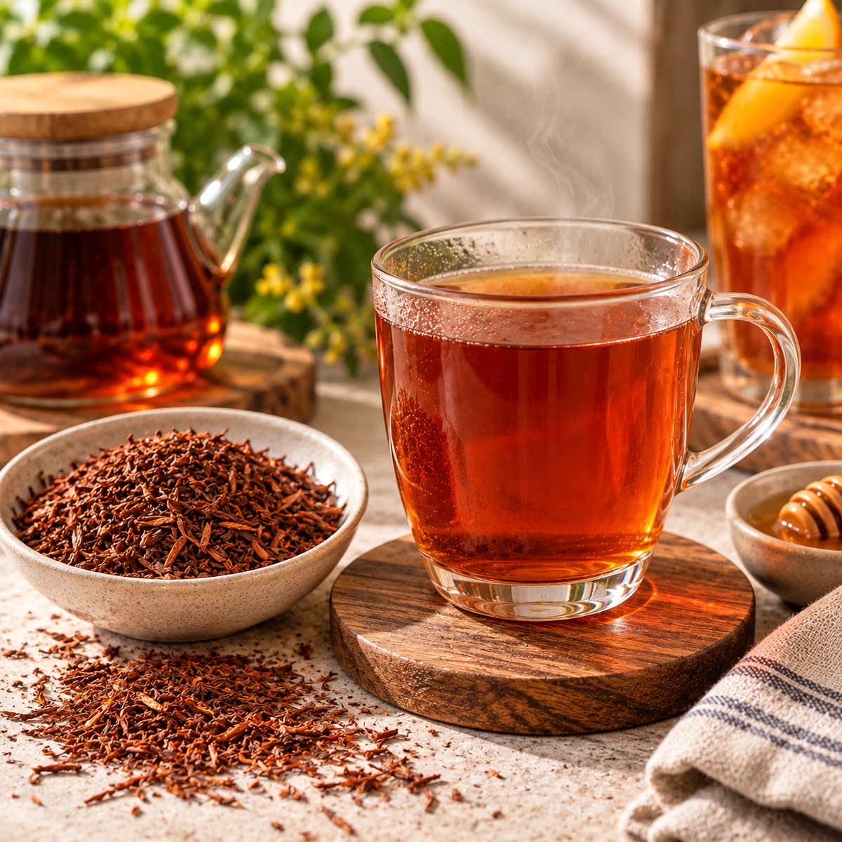 A clear glass mug filled with rooibos tea sits on a round wooden coaster, surrounded by tea-related props including a small bowl of loose rooibos leaves, a glass teapot, and a glass of iced tea with lemon in a softly lit indoor setting.