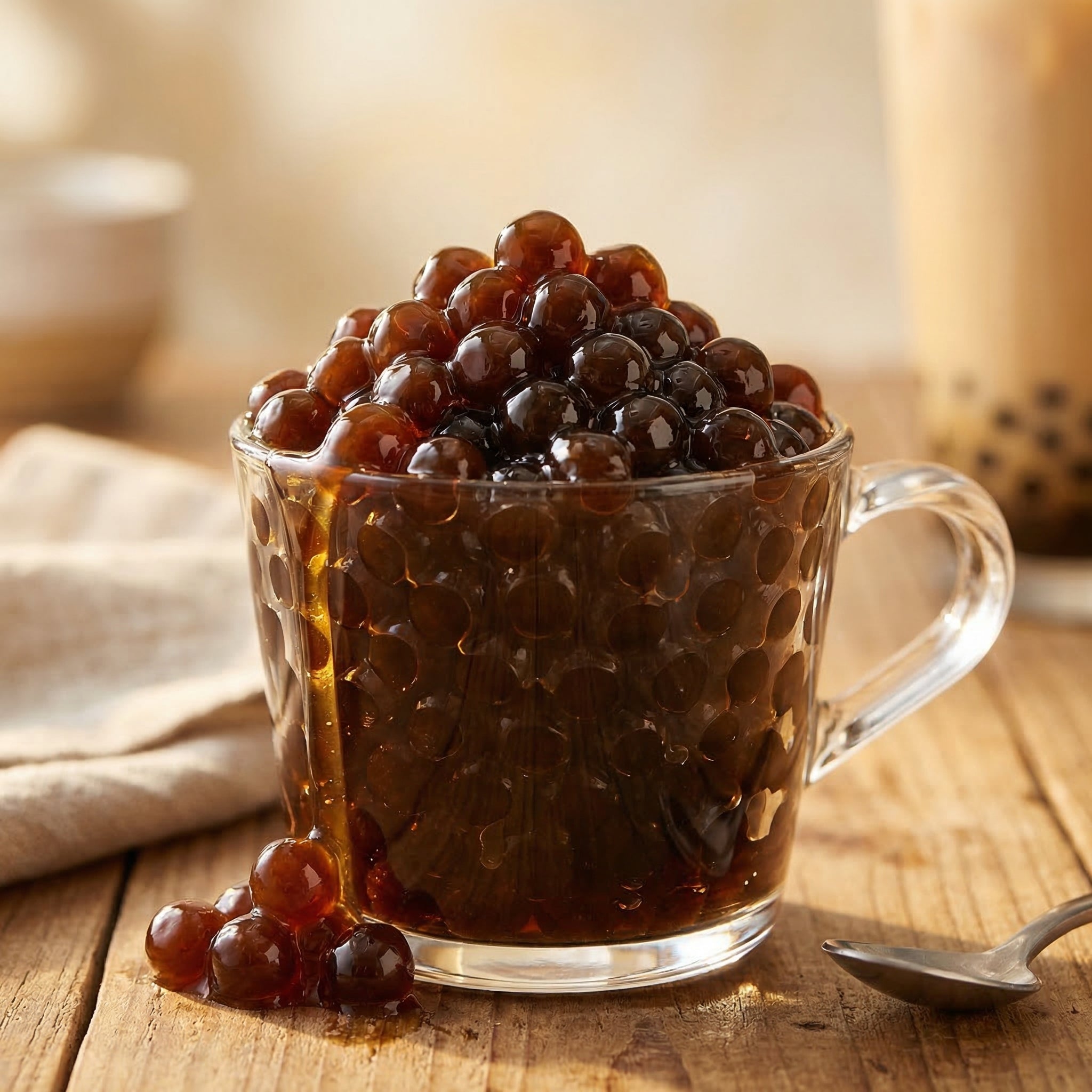 Clear glass mug filled with dark brown liquid and black tapioca pearls on a wooden surface.