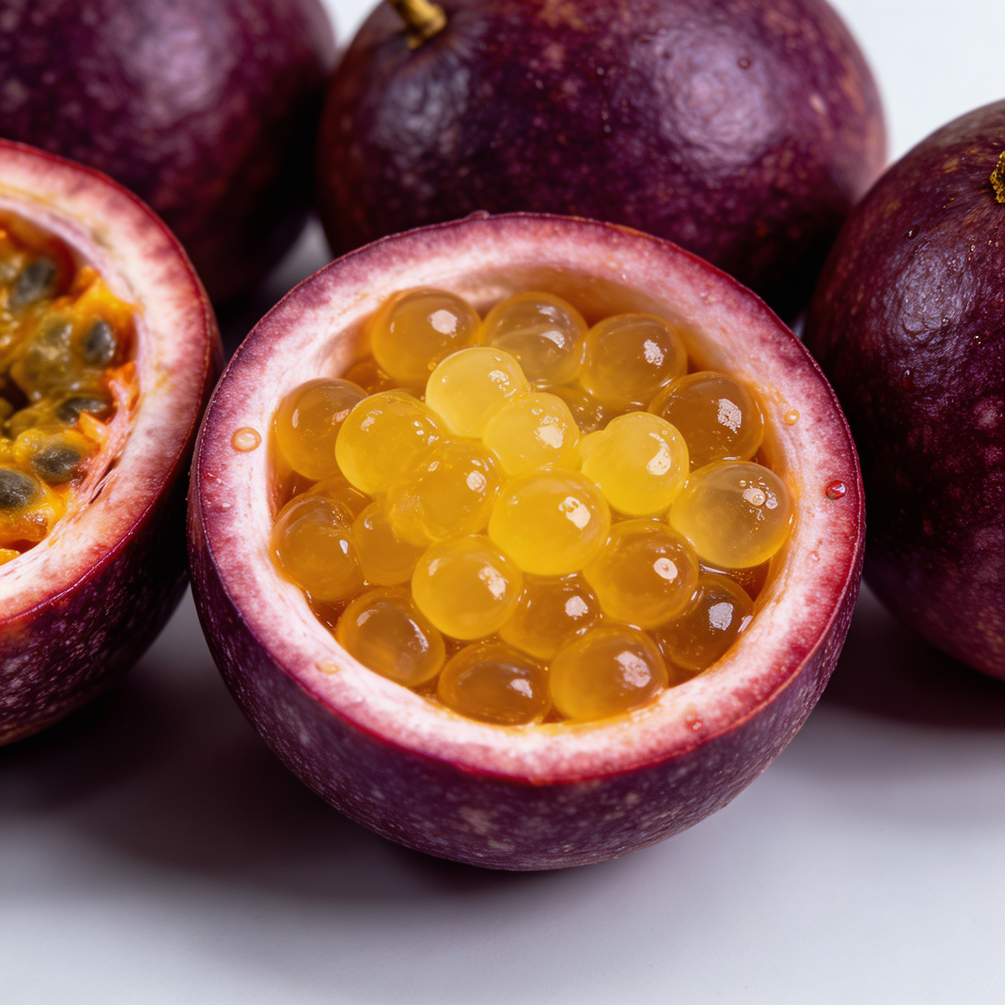 Passion fruit cut in half showing passion fruit boba on a white background