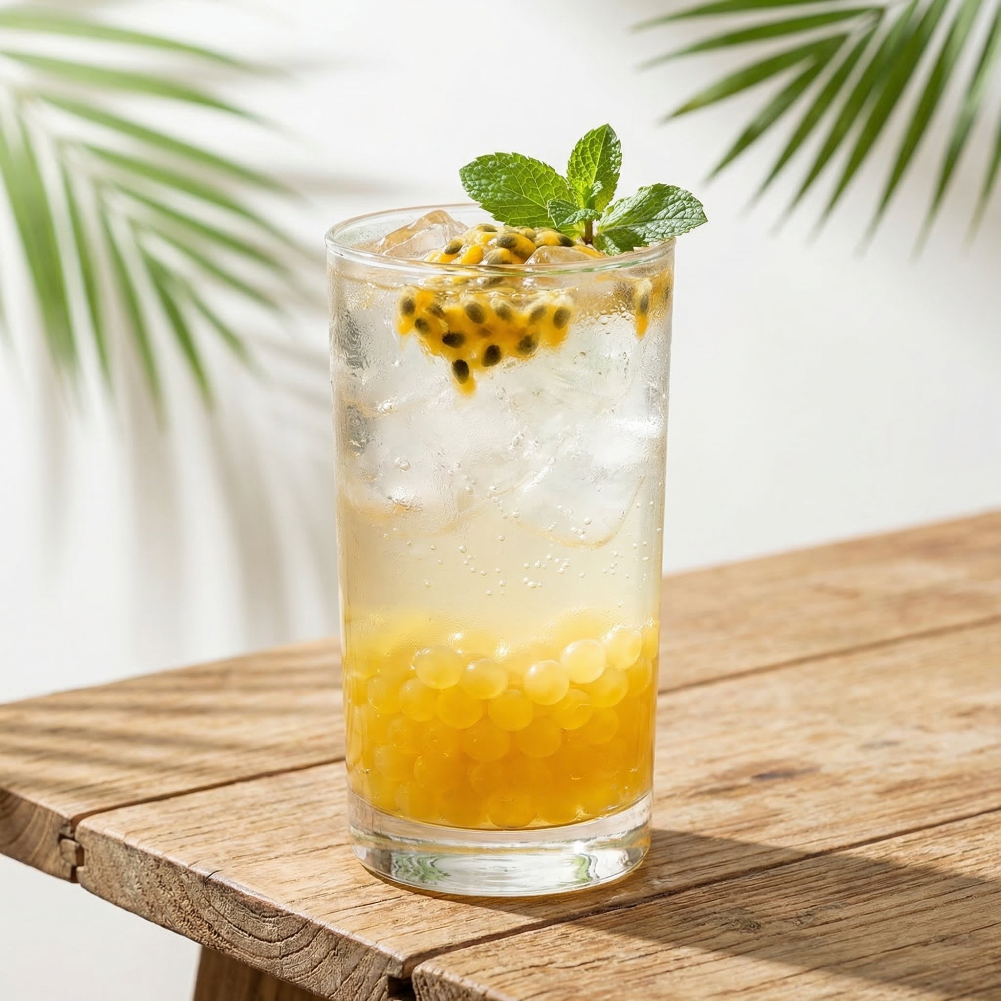 Glass of tropical drink with ice and passion fruit boba on a wooden table with palm leaves in the background