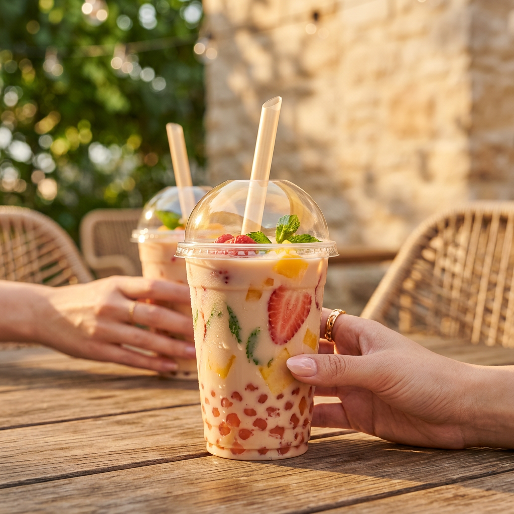 Person holding a colorful fruit smoothie with a straw outdoors on a wooden table.