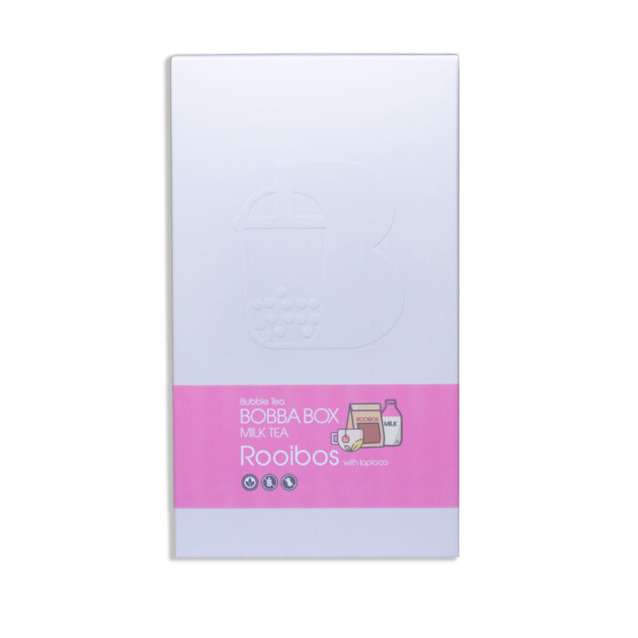 A DIY bubble tea kit called Rooibos Milk Tea Bobba Box, featuring rooibos tea powder and brown sugar instant tapioca pearls, making six servings of smooth and aromatic homemade bubble tea.