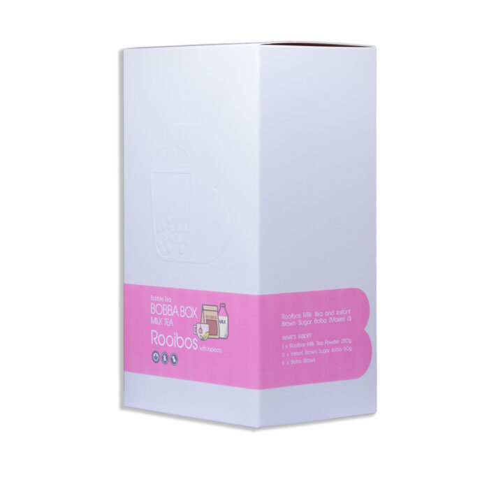 A DIY bubble tea kit called Rooibos Milk Tea Bobba Box, featuring rooibos tea powder and brown sugar instant tapioca pearls, making six servings of smooth and aromatic homemade bubble tea.